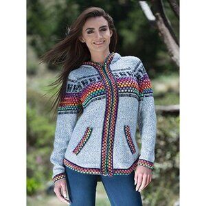 Handmade Hooded Alpaca Wool Sweater With Colorful Inca Design & Front Pockets